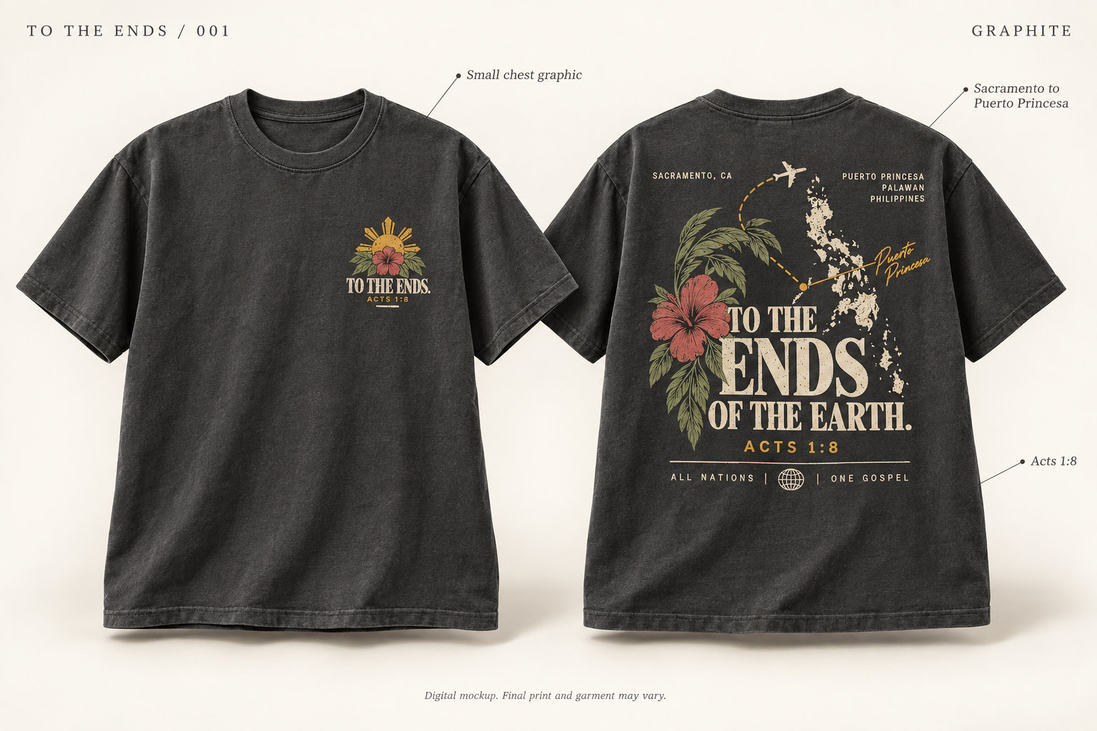 Graphite TO THE ENDS tee, front chest print and large illustrated back print